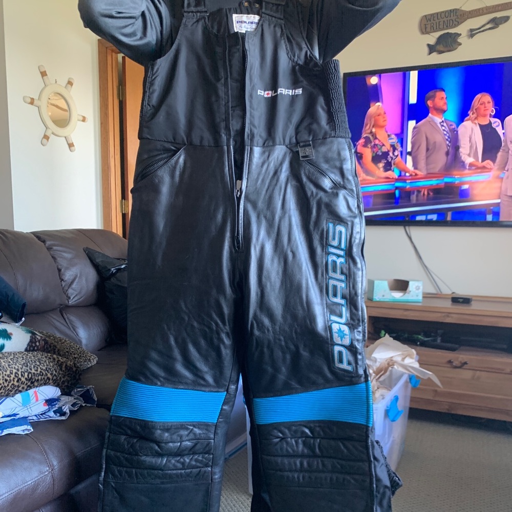 Black leather Polaris snow pants